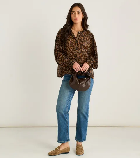 Gini London Women's Brown Leopard Print Buttoned Lantern Sleeve Shirt