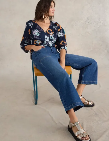 White Stuff Mid Rise Wide Leg Cropped Jeans Med Blue Denim