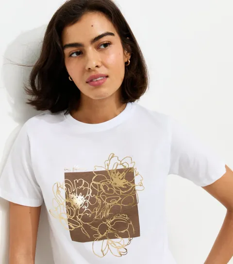 Women's White Metallic Foil Flower Relaxed T-Shirt