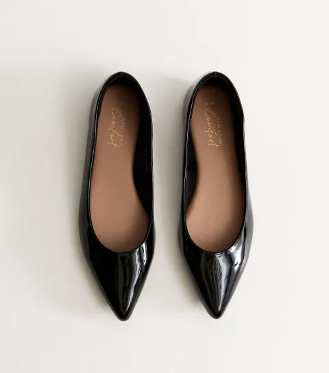 Women's Black Patent Faux Leather Pointed Toe Ballerina Flats Vegan