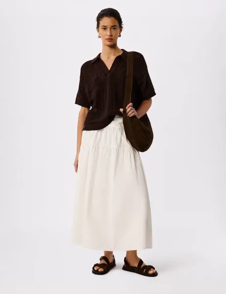 Whistles Pure Cotton Open Knit Polo Top Chocolate