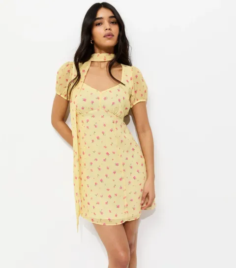 Women's Yellow Chiffon Floral Mini Dress with Scarf