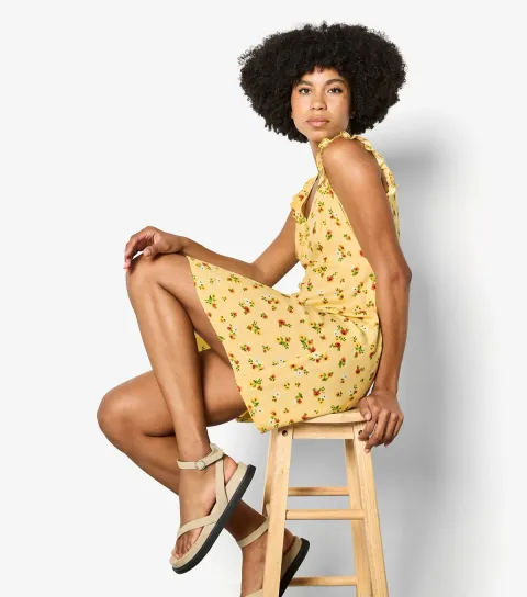 Women's Yellow Frill Sleeve Ditsy Mini Dress