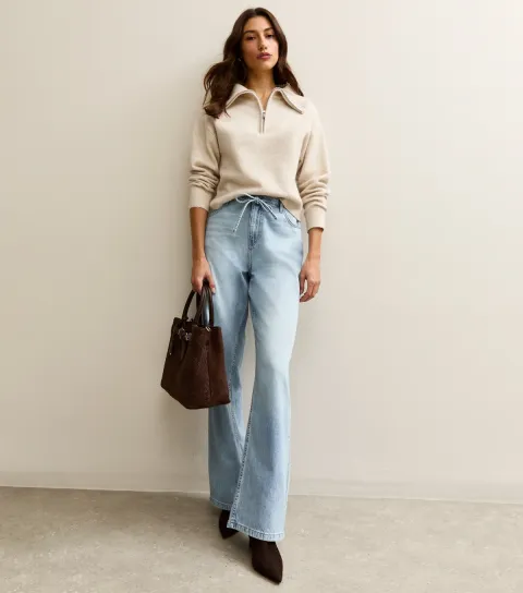 Women's Tall Blue Denim Self Tie Drawcord Waist Wide Leg Jeans