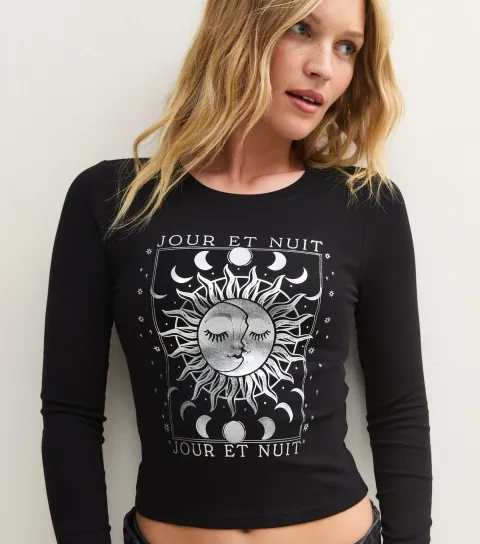 New Look Women's Black Cotton Mystic Sun Long Sleeve Baby Tee T-Shirt