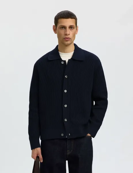 Selected Pure Cotton Rib-Knit Polo Cardigan Dark Blue