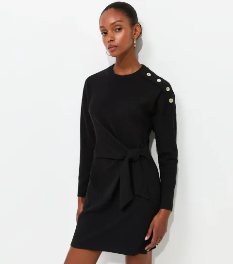 Women's Black Ribbed Long Sleeve Mini Dress