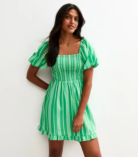 Women's Green Striped Puff Sleeve Mini Dress