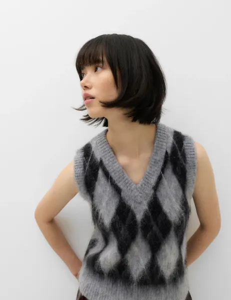 Marks & Spencer Brushed Argyle Knitted Vest with Mohair Grey Mix