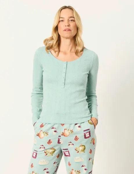FatFace Pure Cotton Henley Pyjama Top Green