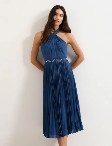Phase Eight Halter Neck Pleated Midi Skater Dress Indigo