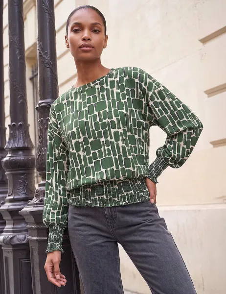 Roman Geometric Shirred Top Khaki Mix