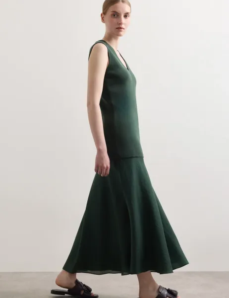 Jaeger V-Neck Stitch Detail Midi Knitted Dress Dark Green