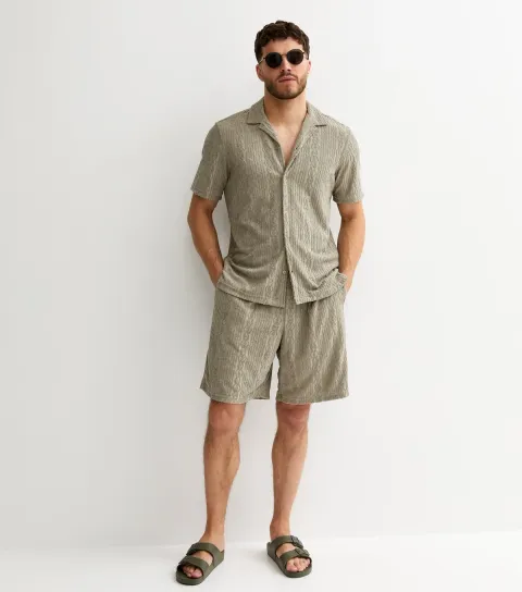 Men's Light Khaki Relaxed Patterned Terry Towelling Shorts