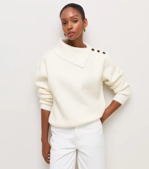 Women's Cream Asymmetric Collar Button Shoulder Knitted Jumper