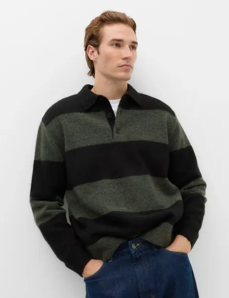 Marks & Spencer Striped Collared Neck Rugby Jumper with Wool Dark Green Mix