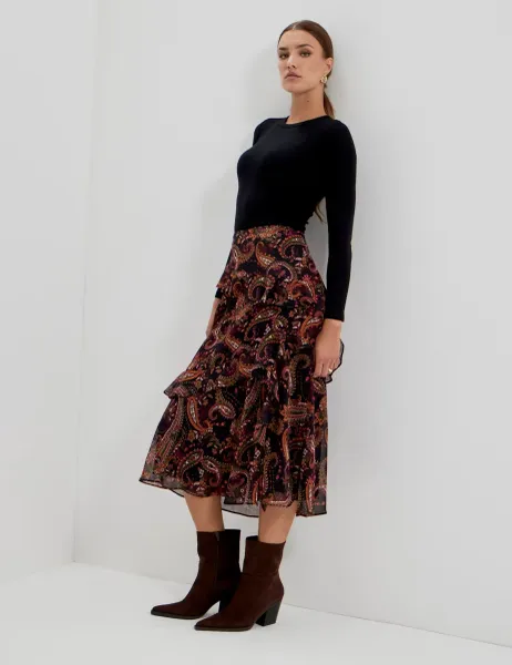 Finery London Chiffon Paisley Ruffle Midi Tiered Skirt Black Mix