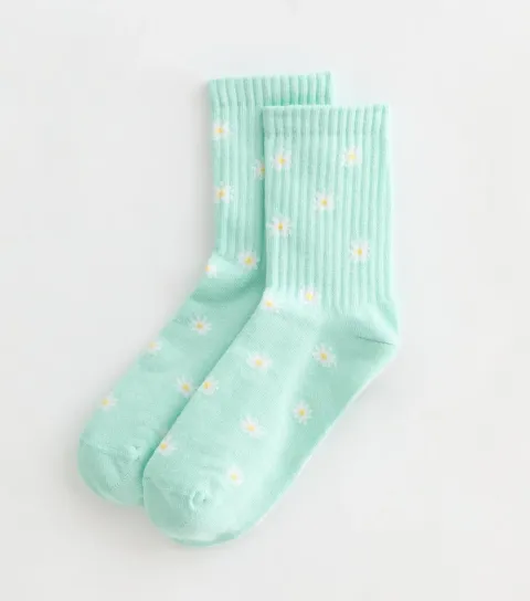 Mint Green Ribbed Daisy Patterned Ankle Socks