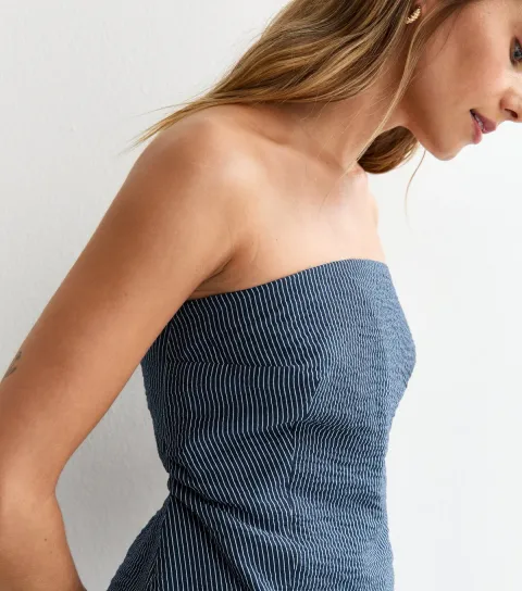 Women's Blue Striped Strapless Bandeau Top