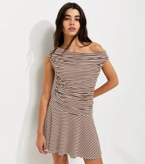 Women's Brown Striped Slouchy Off the Shoulder Mini Dress