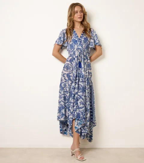 Women's Navy Floral Print Asymmetric Hem Wrap Dress