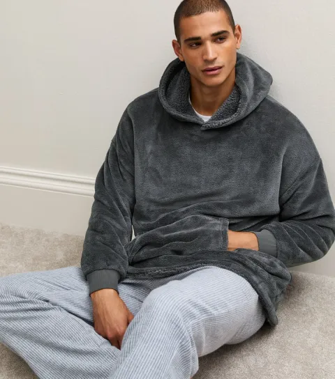 New Look Men's Grey Oversized Fit Fleece Hoodie