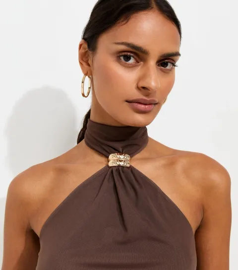 Women's Brown Ring Detail Halter Neck Top