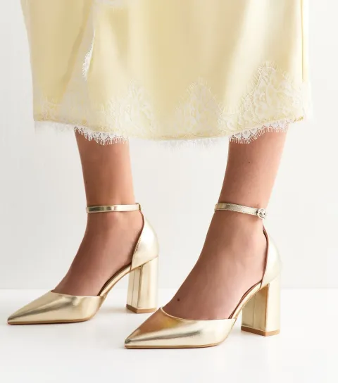 Women's Wide Fit Gold Faux Leather Ankle Strap Court Shoes Vegan