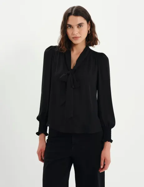 Finery London Tie Neck Button Through Blouson Sleeve Blouse Black