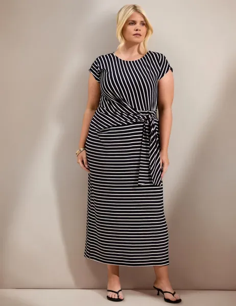 Live Unlimited London Jersey Striped Midaxi Wrap Dress Navy
