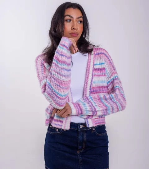 Women's Bright Pink Striped Space Dyed Cardigan