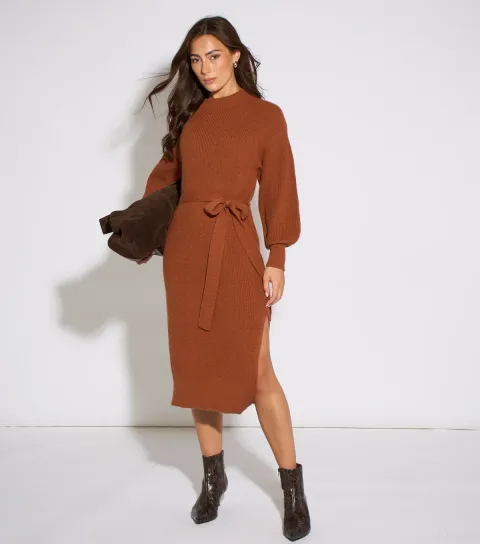 Women's Tan Tie Waist Knitted Dress