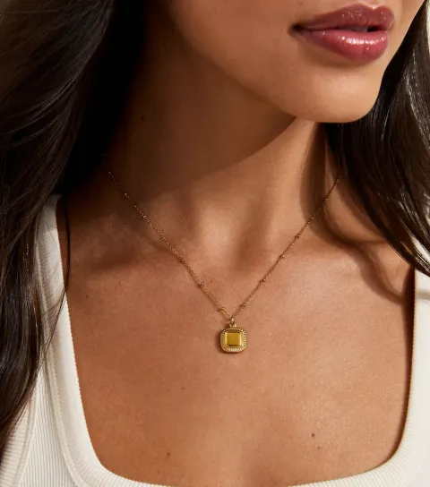 Gold Tone Waterproof Square Pendant Necklace