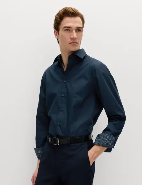 Marks & Spencer Regular Fit Easy Iron Cotton Blend Shirt Navy Mix