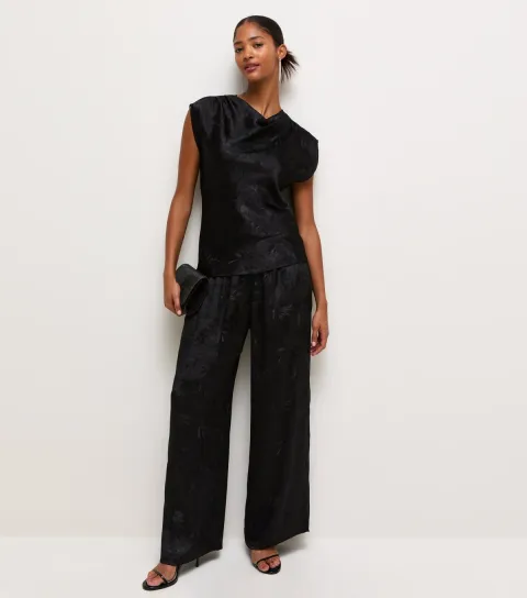 New Look Women's Black Jacquard Satin Wide Leg Trousers