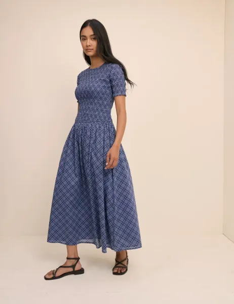 Nobody's Child Pure Cotton Checked Midaxi Smock Dress Blue