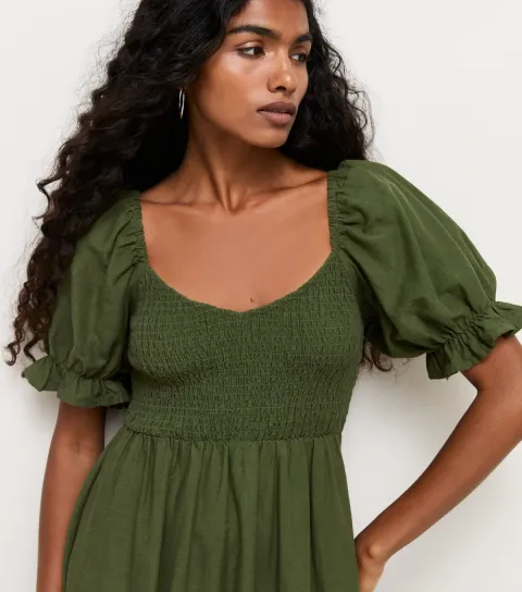 Women's Petite Dark Khaki Shirred Bodice Puff Sleeve Midi Dress