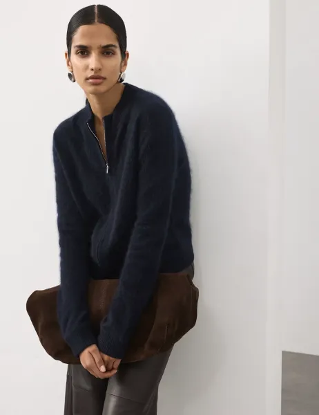 Marks & Spencer Wool Rich Brushed Zip Up Cardigan with Cashmere Midnight Navy