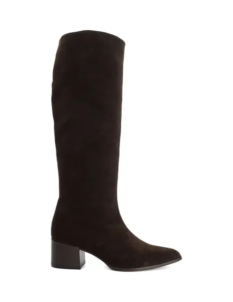 Dune London Leather Block Heel Pointed Knee High Boots Brown