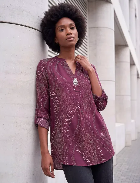 Roman Satin Spot Print Notch Neck Longline Top Dark Burgundy
