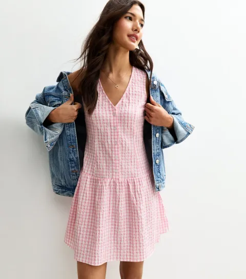Women's Pink Gingham V-Neck Button Up Mini Dress