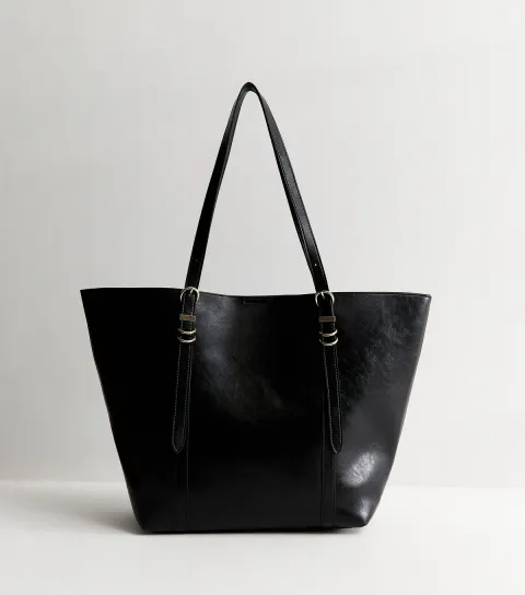 Black Faux Leather Buckled Strap Tote Bag