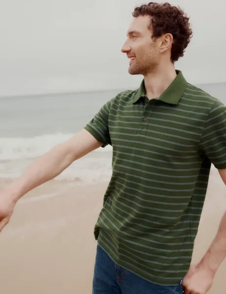 Seasalt Cornwall Pure Cotton Pique Striped Polo Shirt Dark Green Mix