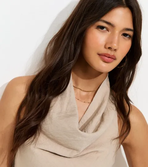 Women's Stone Crinkle Texture Cowl Neck Halter Top