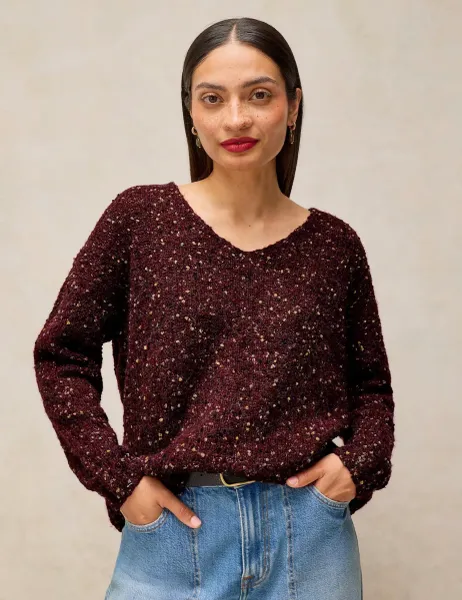 White Stuff Textured Flecked V-Neck Jumper with Wool Plum