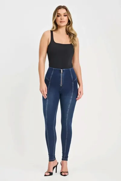 Freddy WRUP Denim with Feature Seam - High Waisted - Full Length - Dark Blue + Beige Stitching