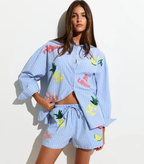 Women's Blue Pina Fresca Striped Embroidered Shorts