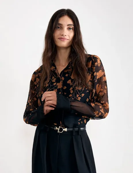 Phase Eight Floral Collared Frill Sleeve Shirt Black Mix