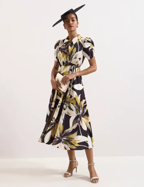 Phase Eight Floral Tie Waist Midi Shirt Dress Black Mix