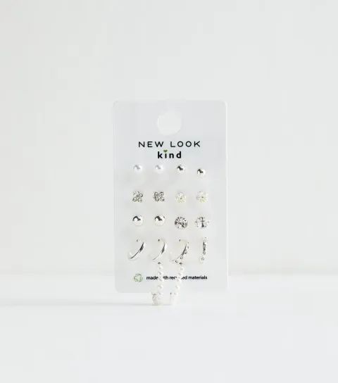 New Look Silver Tone Pack of 9 Faux Pearl Diamante Stud Hoop Earrings